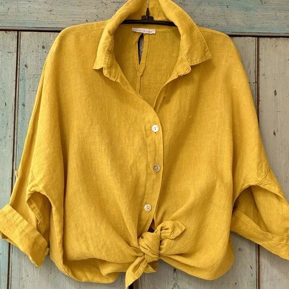 Made in Italy 100% Linen Women's Shirt in Mustard - Picture 3 of 13